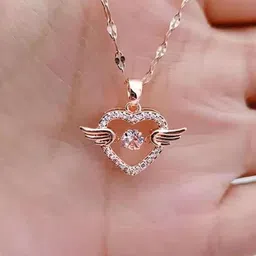 peprika Valentine Gift Special Rose Gold Plated Heart Wing Chain Pendent Sterling Silver Diamond Sterling Silver Pendant Set image 4