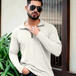 indiclub Men Solid Polo Neck Polycotton White T-Shirt-picture-26