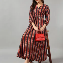 Krunal Raiyani Striped Print Smocked Fit & Flare Midi Dress-image-36