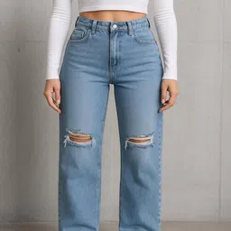 Hayler Women Jean Wide Leg Mid-Rise Highly Distressed Stretchable Jeans image 1