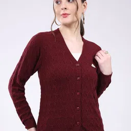 Monte Carlo Women Cable Knit Woollen V Neck Full Sleeve Cardigan-image-85