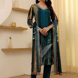 VKOM'S Printed Embroidered Pure Cotton V-Neck Ethnic Straight Kurta with Palazzo & Dupatta image 1