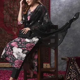 GoSriKi Women Floral Printed Regular Kurta with Trousers & With Dupatta image 1