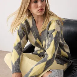 Trendyol Women Self Design Argyle V-Neck Long Sleeves Cardigan-image-74