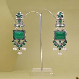 Sangria Silver-Plated Stones Studded & Beaded Oxidized Drop Earrings image 5