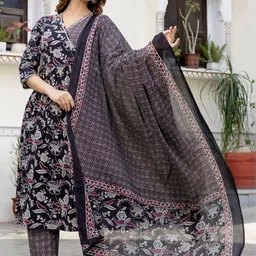 Indo Era Women Floral Printed Angrakha Pure Cotton Kurta with Trousers & With Dupatta image 5