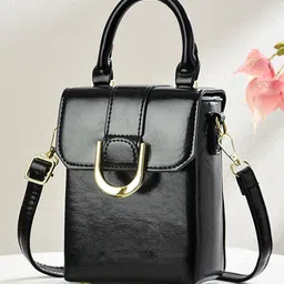 StyleCast Black & Gold Toned Structured Sling Bag With Buckle Detail-image-0