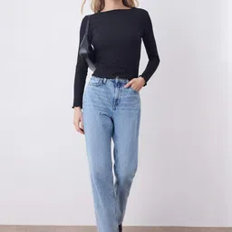 Trendyol Women Ribbed Boat Neck Long Sleeves Cotton Fitted Top-image-52