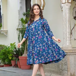 Demirner Floral Printed Shirt Collar A-Line Kurta image 3