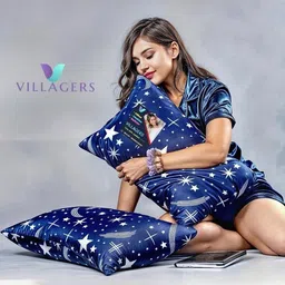 VILLAGERS Set of 2 Blue Star Printed Cotton Filled Polyester Washable Sleep Pillows-image-63