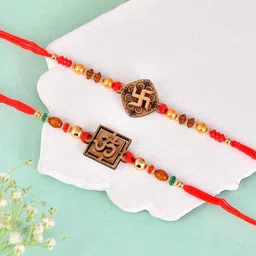Aapno Rajasthan Set Of 2 Om & Swastik Wooden Rakhis With Roli Chawal & Greeting Card-picture-28