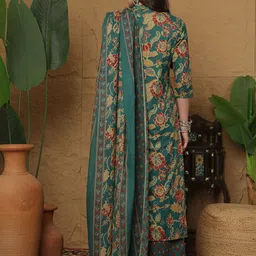 KIMAYRA Floral Printed Mandarin Collar Pure Cotton Straight Kurta With Palazzos & Dupatta image 4