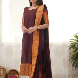 Vastukala Women Solid Festive Cotton Straight Kurta With Dupatta image 3