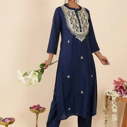 Indo Era Printed Mandarin Collar Three-Quarter Sleeves Top With Trousers-picture-11