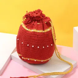 ITIHASIKALA Women Red Crochet Potli Bag-picture-33