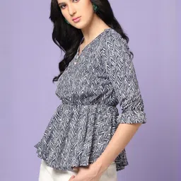 SZN Women Geometric Printed Gathered or Pleated V-Neck Cuffed Sleeves Peplum Tops image 2