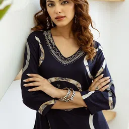 Anouk Women Printed Regular Thread Work Kurta with Trousers image 1