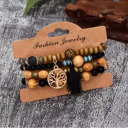 MEENAZ Set Of 4 Gold-Plated Artificial Beaded Elasticated Tasselled Bracelets image 1