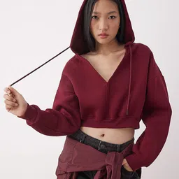 Trendyol Women Hooded V-Neck Long Sleeves Crop Pullover Sweatshirt-picture-19