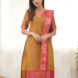 Shriyangan Women Woven Design V-Neck Jacquard Pure Cotton Kurta With Dupatta-image-51