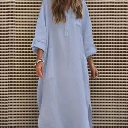 KPOP Women Cotton Roll-Up Sleeves Shirt Midi Dress-picture-42