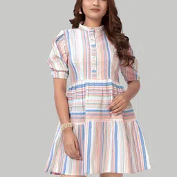 Zelzis Women Stripe Mandarin Collar Neck Puff Sleeve Fit & Flare Dress-picture-23