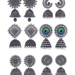 Sangria Set Of 6 Silver Plated Oxidized Jhumka Earrings-image-91