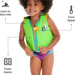 speedo Chima Penguin Print Swim Confidence Float Vest For Tot's - Green & Blue Swim Floatation Belt image 2