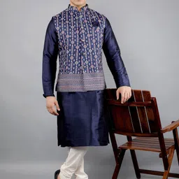 Manish Creations Mandarin Collar Straight Kurta With Churidar And Nehru Jacket image 2