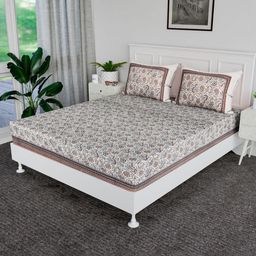 RUBOXA White & Brown Floral 144 TC King Bedsheet with 2 Pillow Covers-picture-17