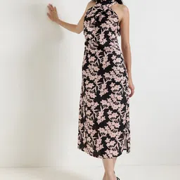 FableStreet Floral Print Halter Neck Satin Midi Dress-picture-25