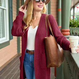 LULU & SKY Self Design V-Neck Long Sleeves Longline Acrylic Open Front Shrug-picture-21