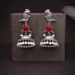 Anouk Silver plated Artificial Studded and Beaded Oxidised Contemporary Jhumkas-picture-29