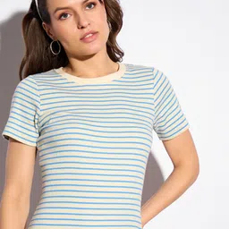 SASSAFRAS Women Round Neck Striped Bodycon Midi Dress image 5