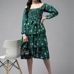 BAESD Floral Printed Off-Shoulder Puff Sleeve Georgette Layered Fit & Flare Midi Dress image 5