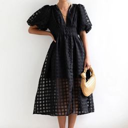 bebe Checked Design Puff Sleeve Semi Sheer Fit & Flare Midi Dress-image-51