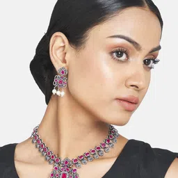 ATIBELLE Oxidised Silver-Plated Maroon & White Stone-Studded & Pearl Beaded Jewellery Set image 3