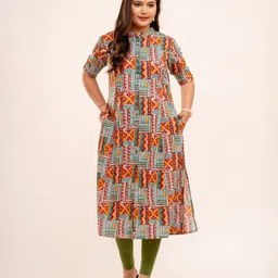 MomsBae Geometric Printed Mandarin Collar Pure Cotton Feeding Maternity A-Line Kurta-picture-19