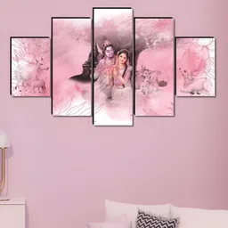 Aura Pink & White 5 Pieces Religious Radha Krishna Wooden Painting Wall Art-picture-31