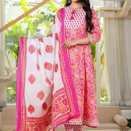 Pistaa Floral Printed Straight Pure Cotton Kurta With Trousers & Dupatta-picture-39