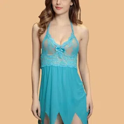 ZERJAMA Self Design Halter Neck Straight Baby Doll With Brief-picture-33
