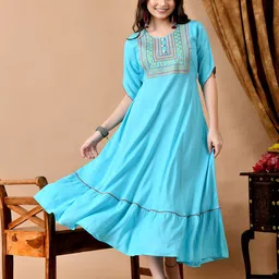 Jaipurite Women Ethnic Embroidered Round Neck Maxi Dress-image-84