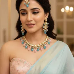 LUCKY JEWELLERY Women Gold-Plated Artificial Stones Necklace and Earrings with Maang Tika-image-12
