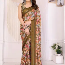 peachmode Dark Olive Floral Print Moss Satin Saree with Unstitched Blouse Piece-picture-16