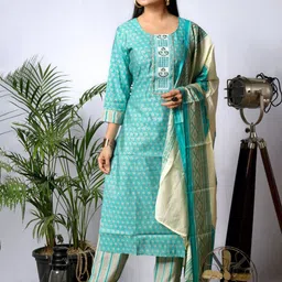 EKISHA Floral Printed Mirror Work Round Neck Rayon Kurta with Trouser & Dupatta-picture-23
