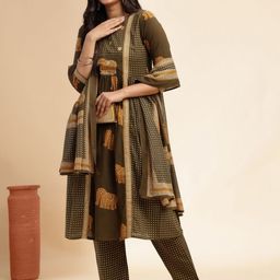 SZN Women Ethnic Motifs Printed Tiered Pure Cotton Kurta with Trousers & With Dupatta-picture-44