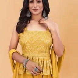 PARROT CREATION Women Embroidered Regular Sequinned Top with Sharara & With Dupatta image 4