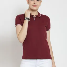 Women Solid Polo Neck Pure Cotton Maroon T-Shirt-image-8