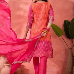 KIMISHA Bandhani Printed Sequinned Round Neck Straight Kurta With Trousers And Dupatta image 2