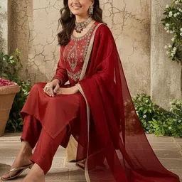 AVANSHEE Women Ethnic Motifs Embroidered Regular Thread Work Kurta with Trousers & With Dupatta image 2